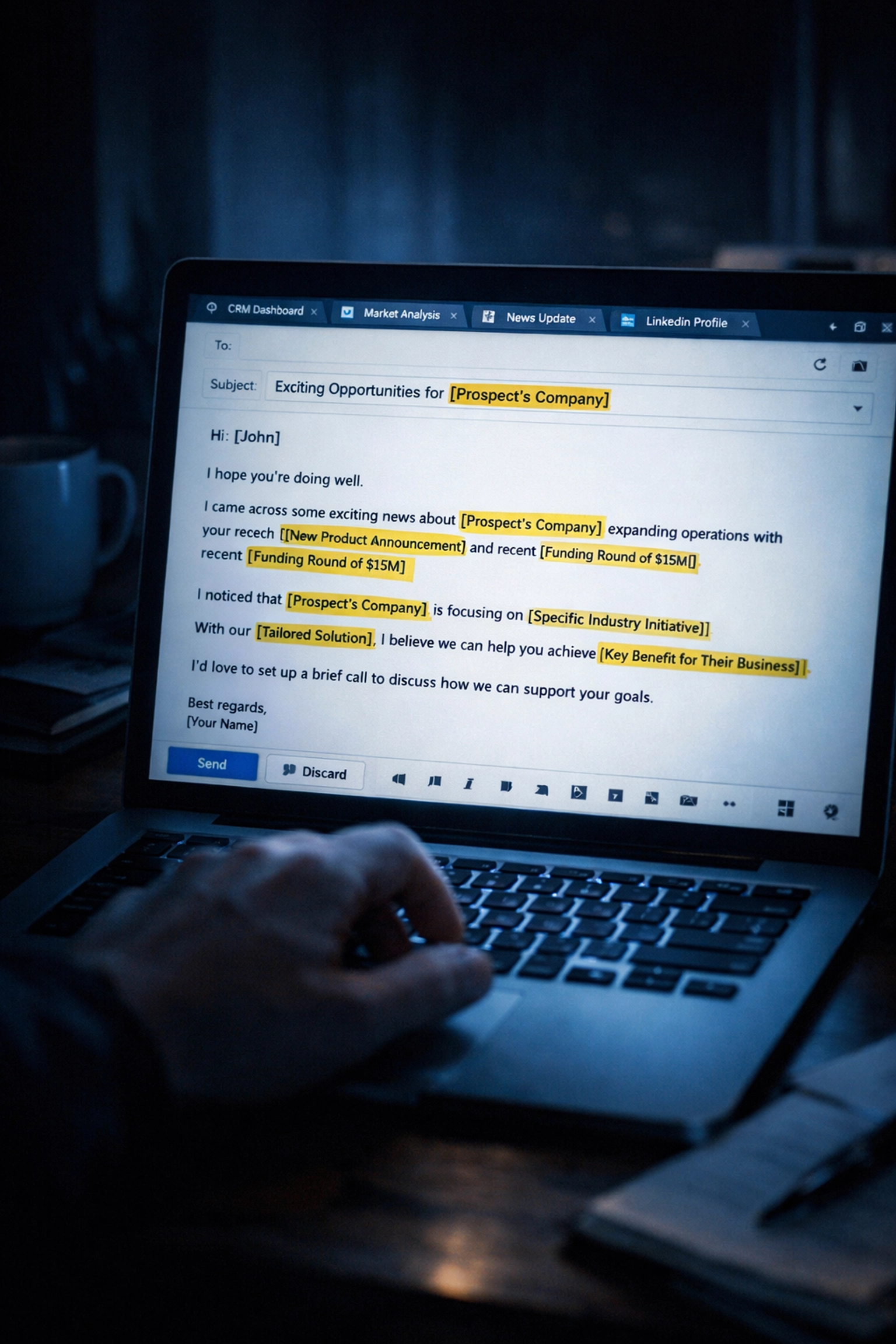Personalized SDR email draft with prospect research displayed on laptop screen for review