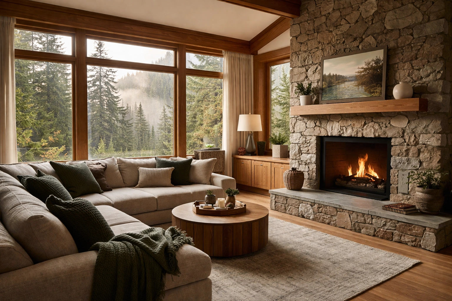 Modern rustic cabin living room with stone fireplace and forest views, designed for luxury vacation retreats in the Pacific Northwest