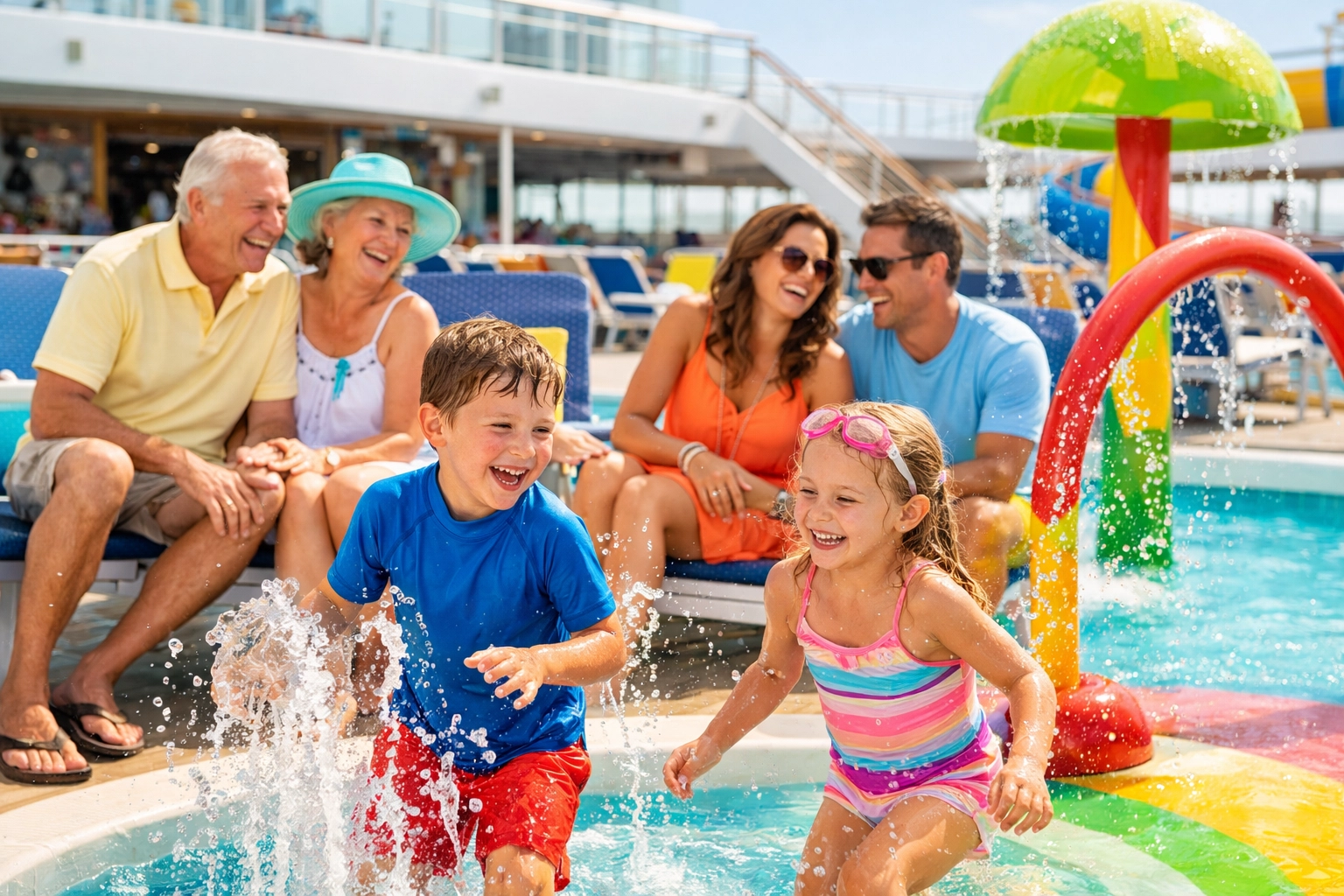 A family enjoying a sunny day on a vibrant cruise ship pool deck with a water splash pad.