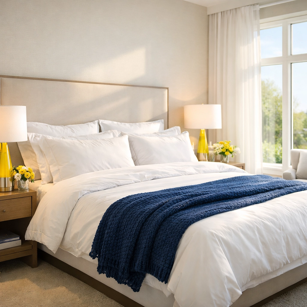 Pristine master bedroom with fresh white linens, perfect for weekly house cleaning maintenance.