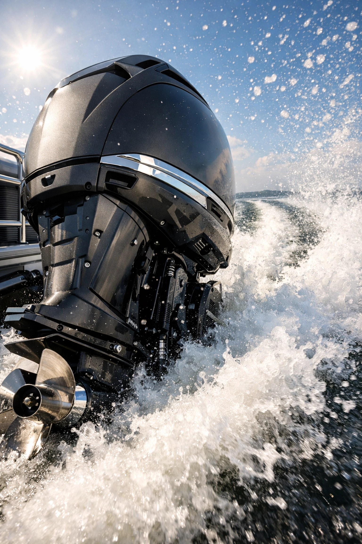 Tritoon vs pontoon power comparison—high-horsepower outboard on a tritoon creating a strong wake for water sports