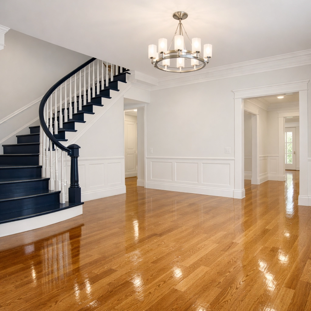 Empty luxury home foyer in Massachusetts prepared by a professional move-in cleaning service.