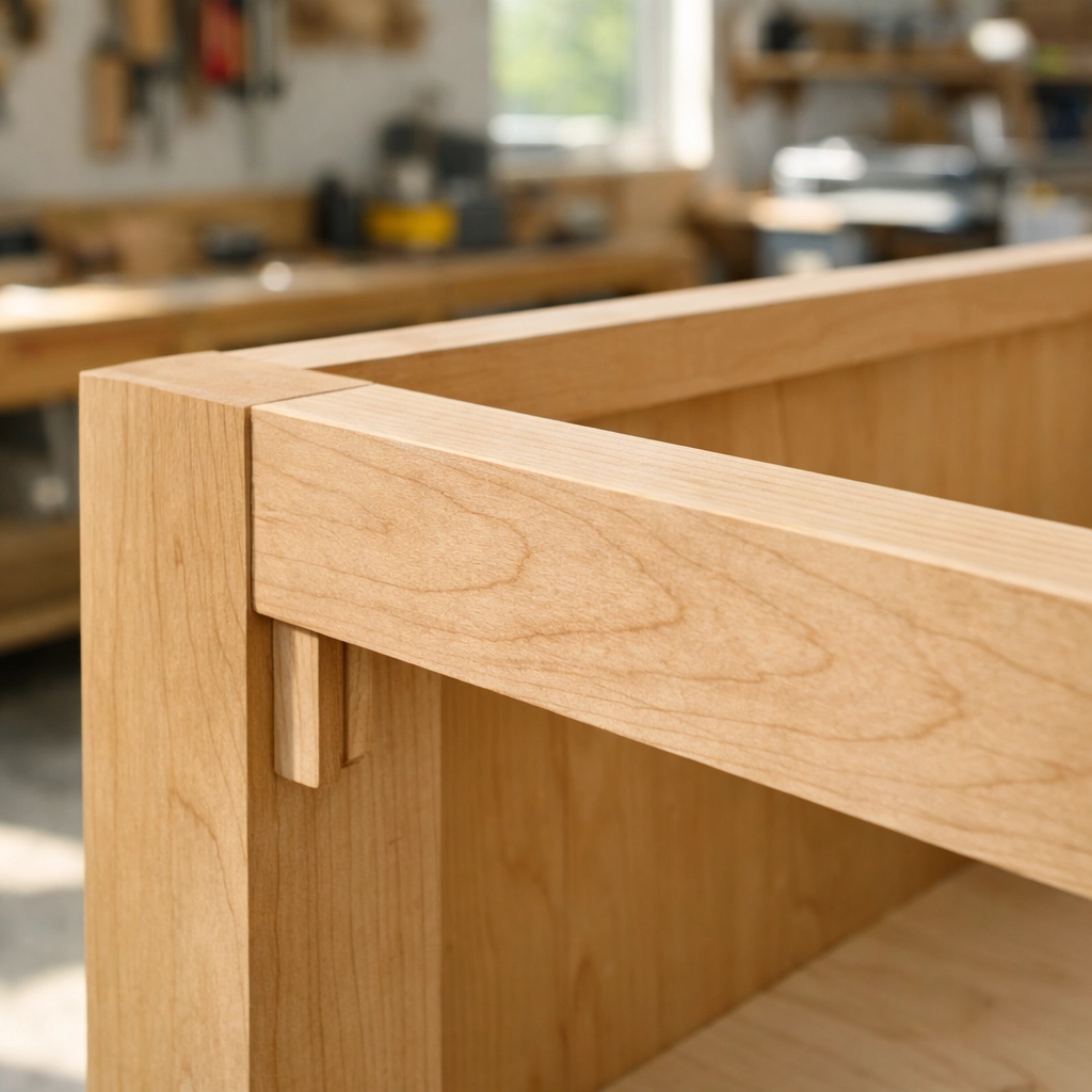 Close-up of a maple wood face frame under construction with precise mortise and tenon joinery.