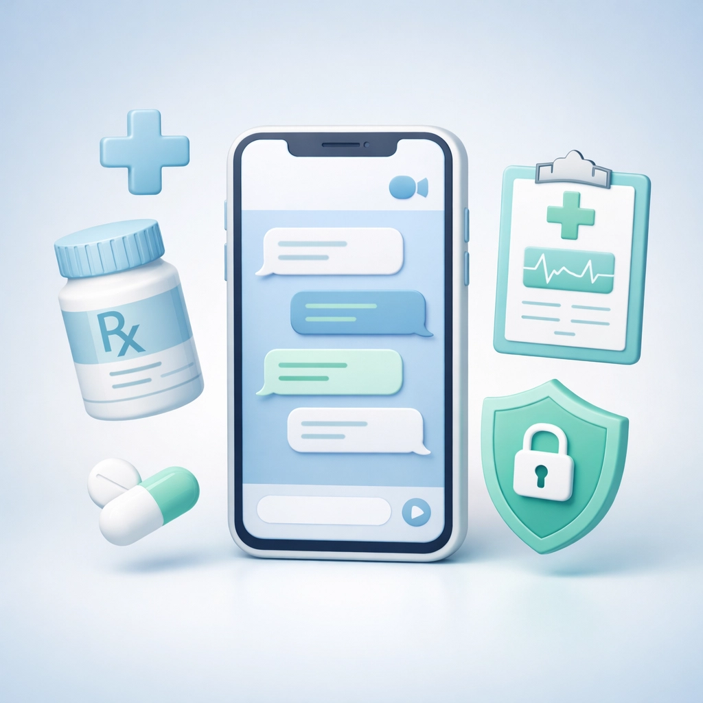 Smartphone displaying secure text-based medical consultation with privacy and prescription icons