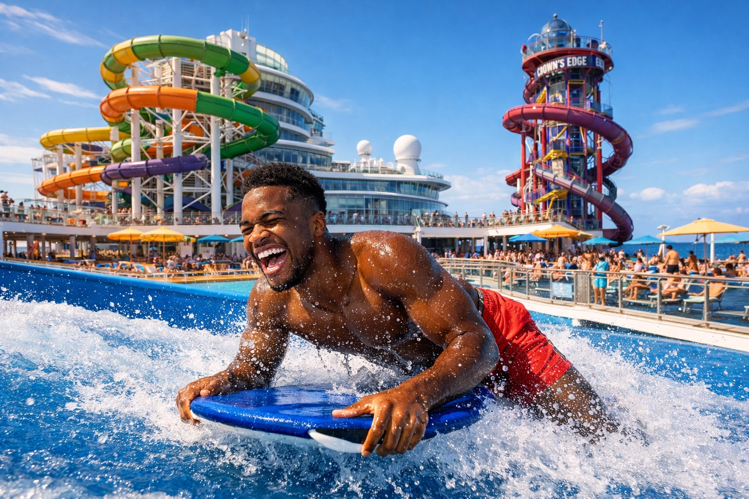 A traveler uses the surf simulator on a modern ship to find the perfect cruise travel experience.