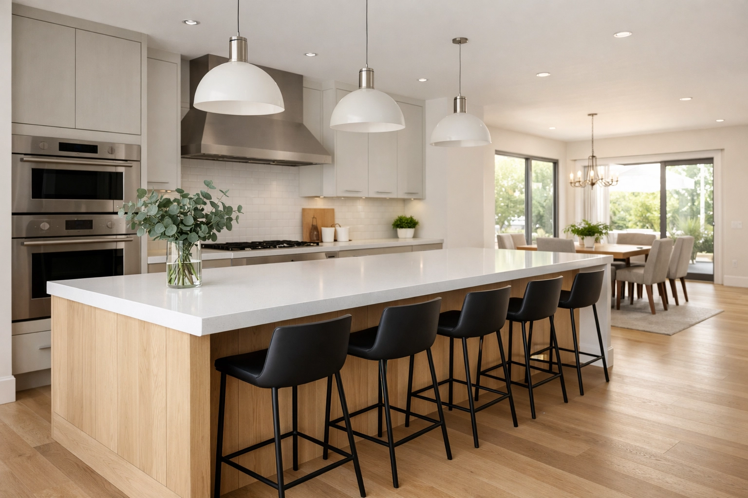 Modern kitchen remodeling Orlando featuring a white oak island and bright open-concept design.