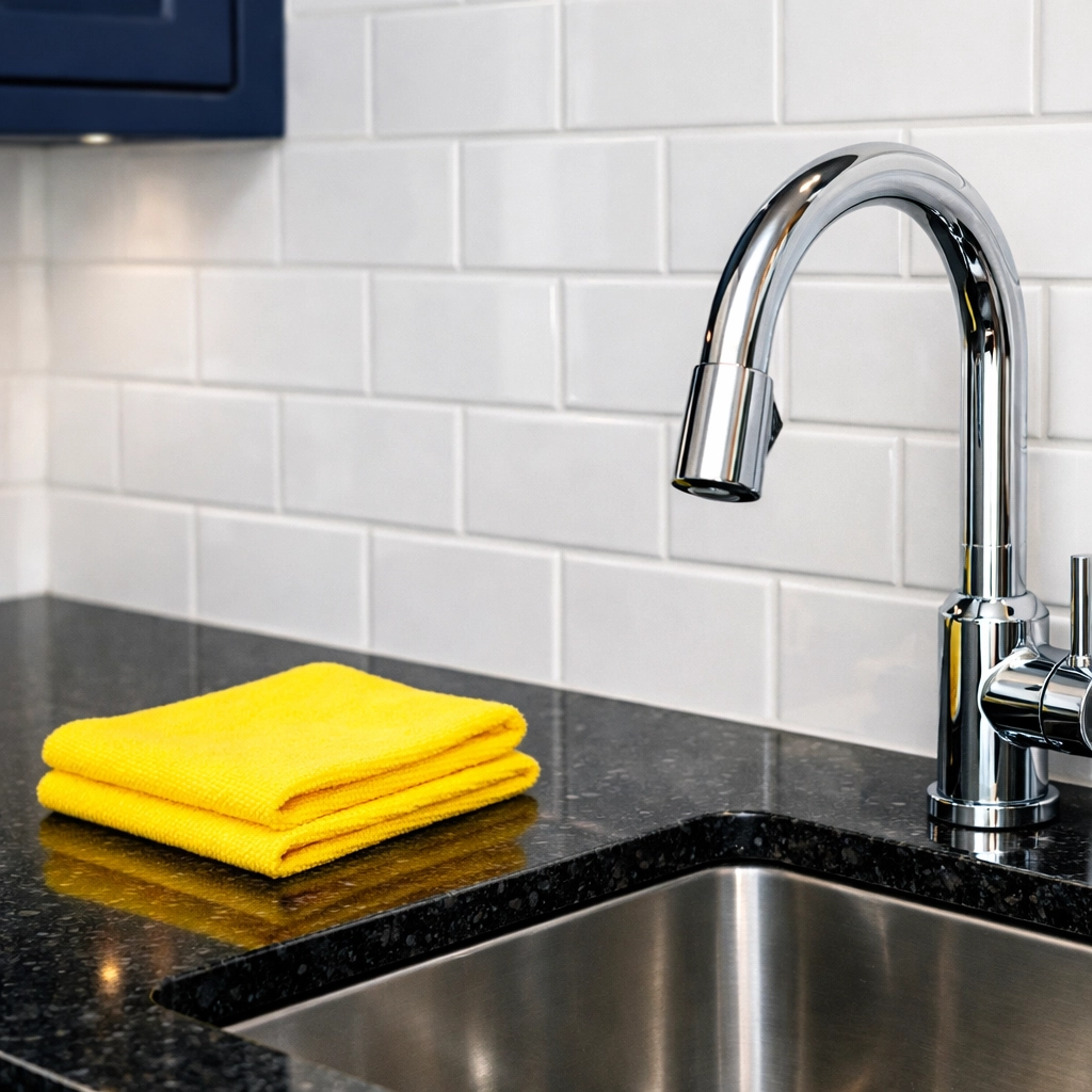 Pristine kitchen surfaces and sparkling faucet after a professional deep cleaning in a Marlborough residence.
