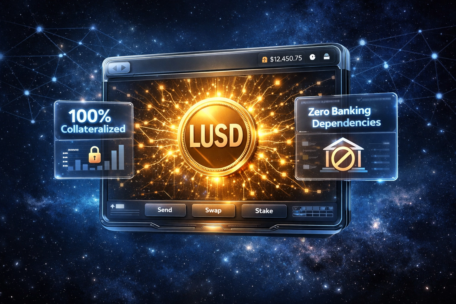 LUSD stablecoin in secure self-custody wallet with blockchain network connections and collateralization