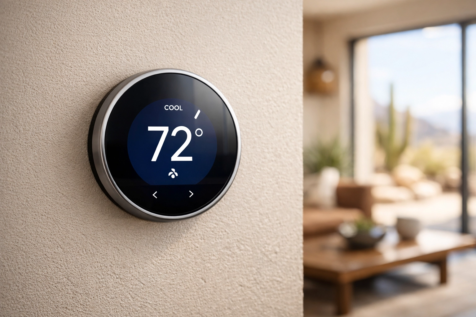 Modern smart thermostat in a Mesa home showing energy-efficient cooling settings.