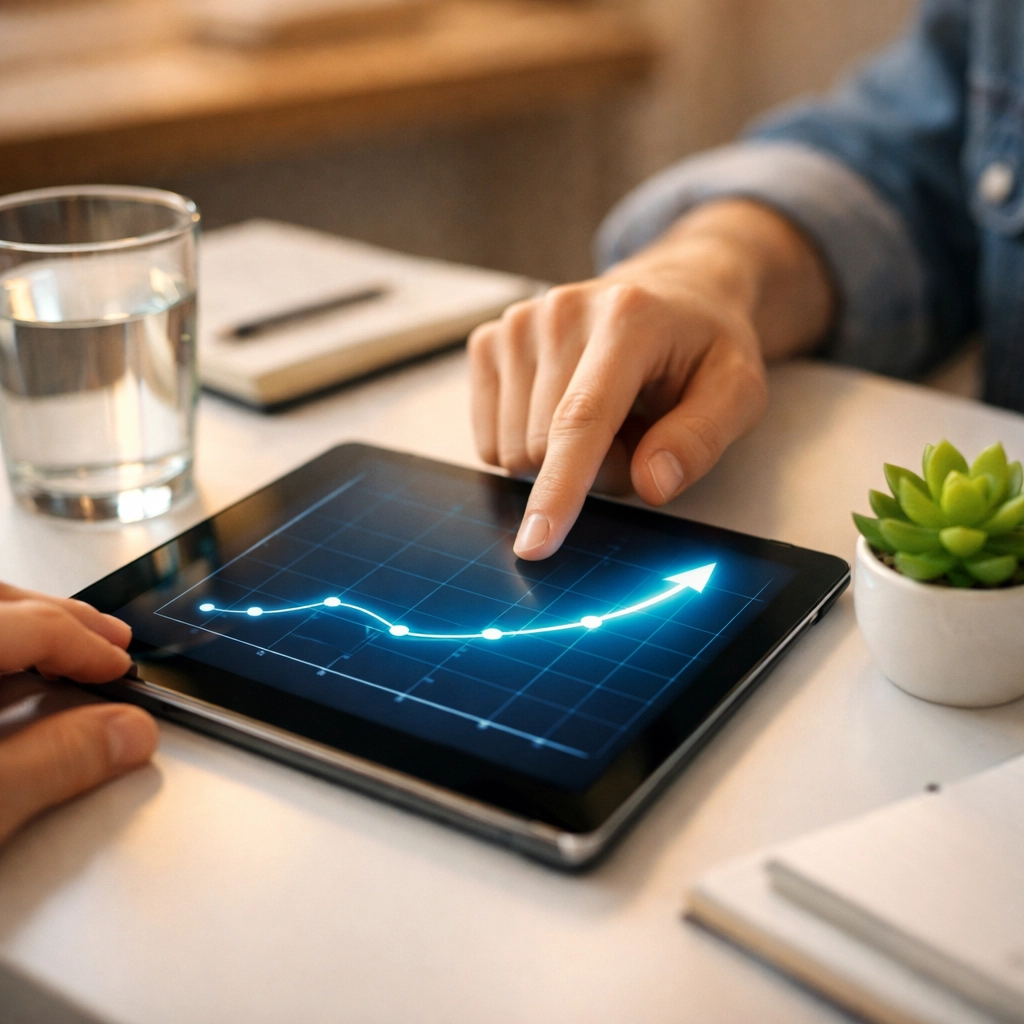 Close-up of a student using a digital tablet to organize data for SAT reasoning questions.
