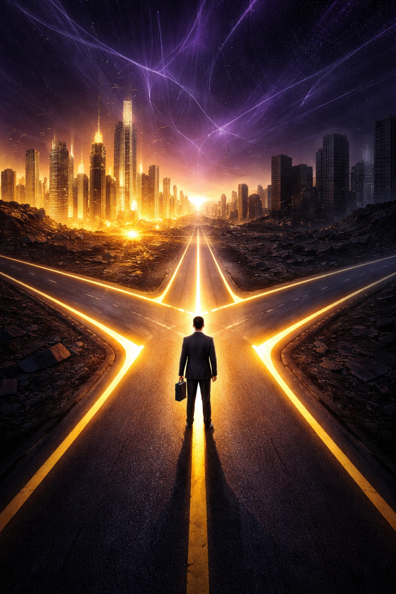 Business leader choosing between future success with AI and outdated approaches at a dramatic market crossroads