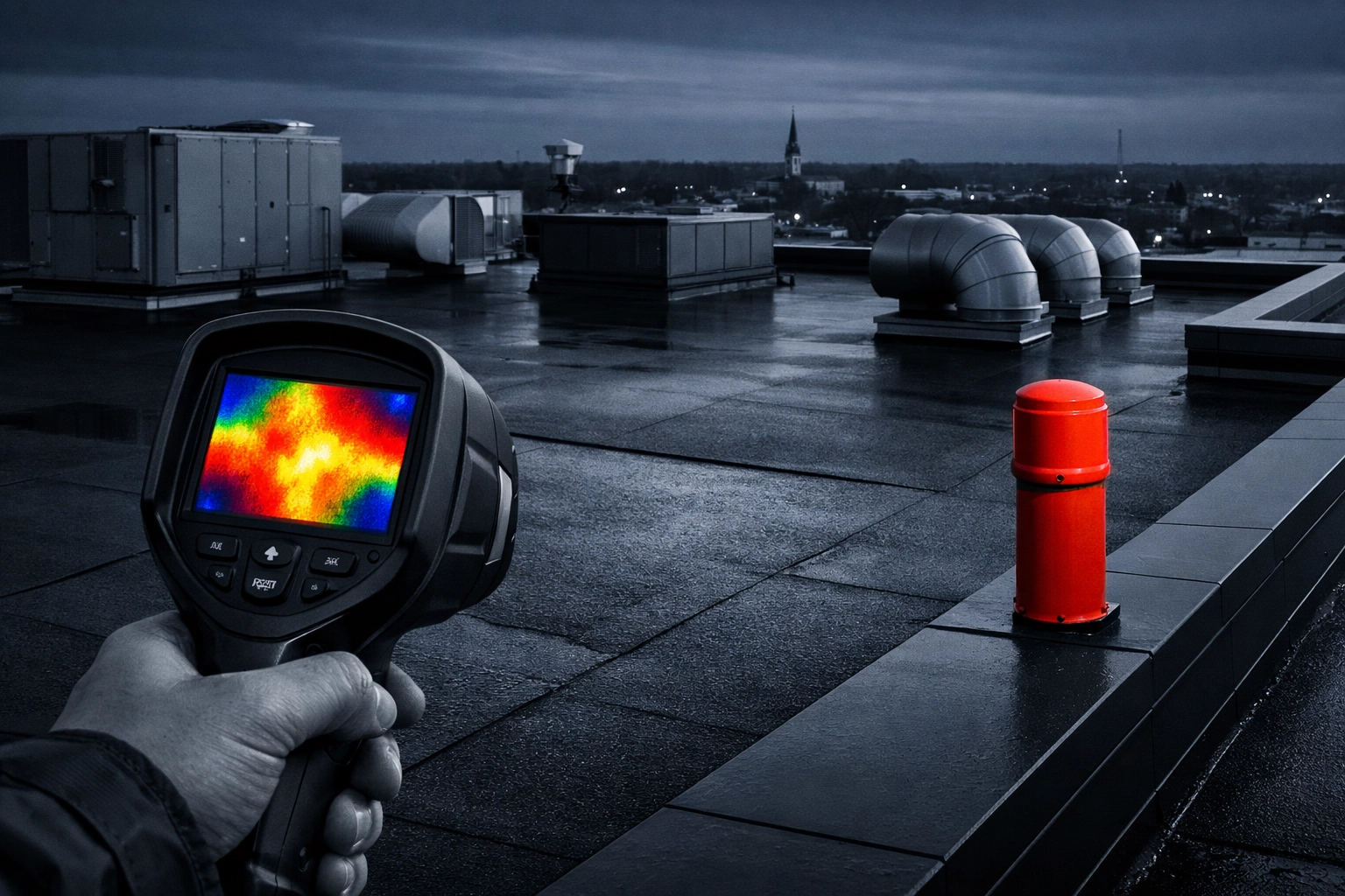 Infrared scanner showing a glowing moisture heat map on a commercial roof in Salisbury, MD for leak detection.