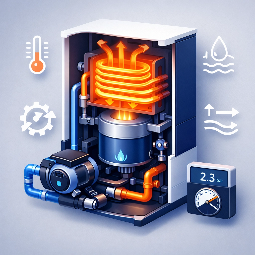 Modern boiler internal components and pressure gauge for professional boiler repair in Farnham.