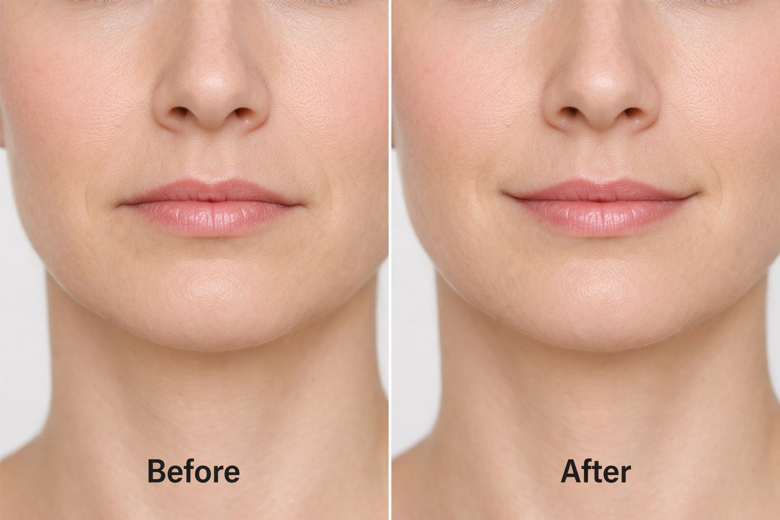 Before and after comparison showing lifted mouth corners with anti-wrinkle treatment in Lancashire
