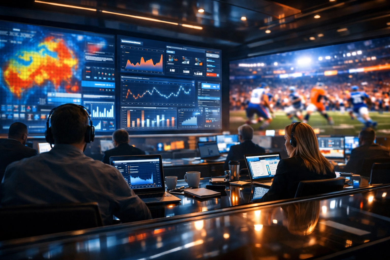 Digital marketing command center tracking real-time sports data for a Super Bowl marketing blitz.