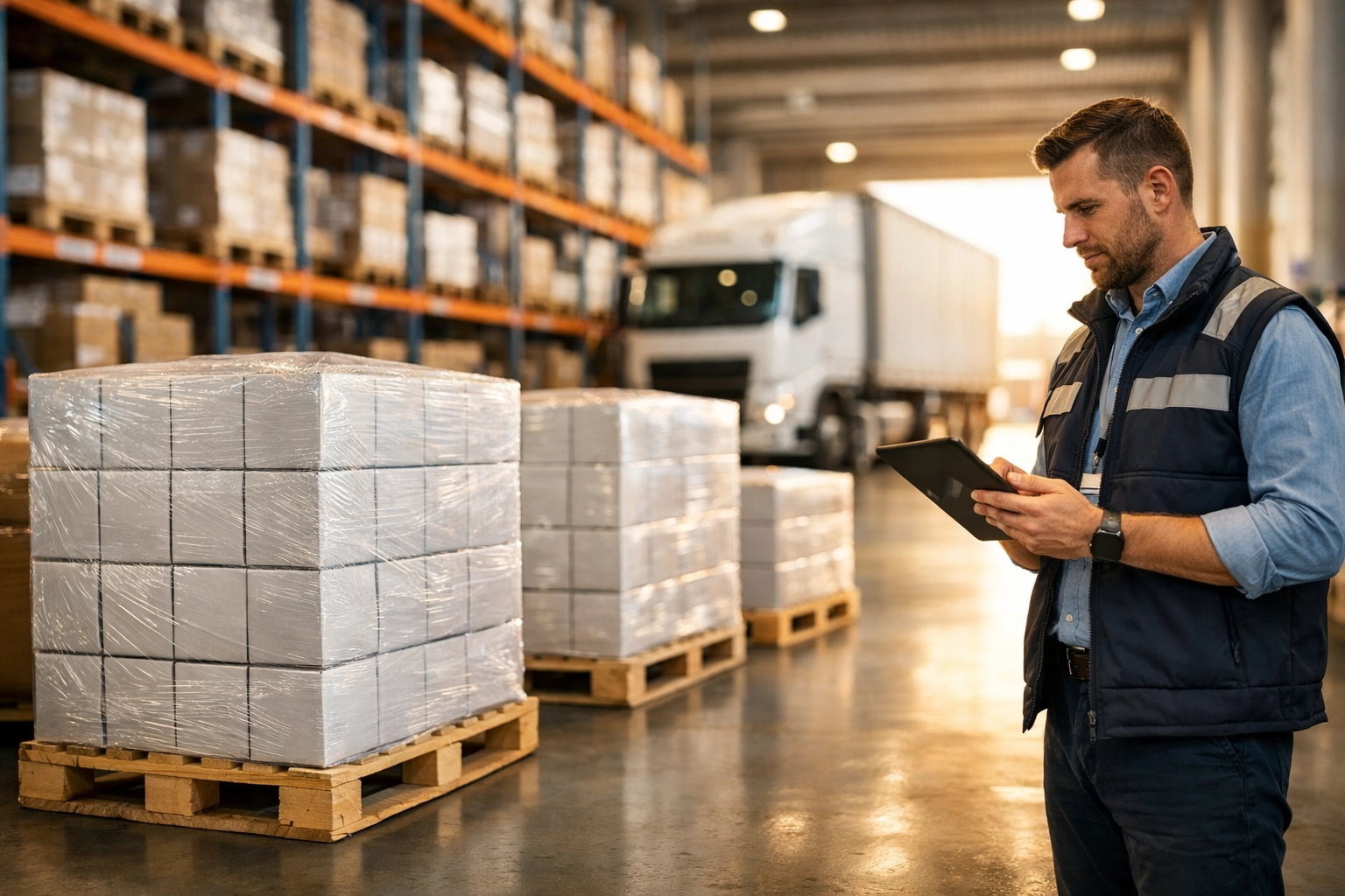 Warehouse worker managing pallets for B2B fulfillment as part of a successful Shopify Wholesale Pivot.