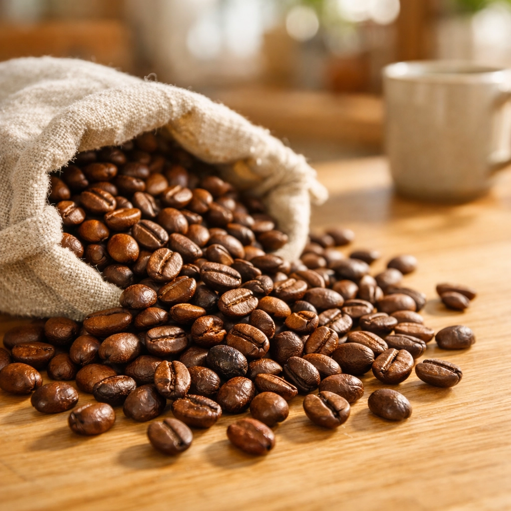 Freshly roasted specialty coffee beans spilling from a bag on a bright kitchen counter for home brewing.