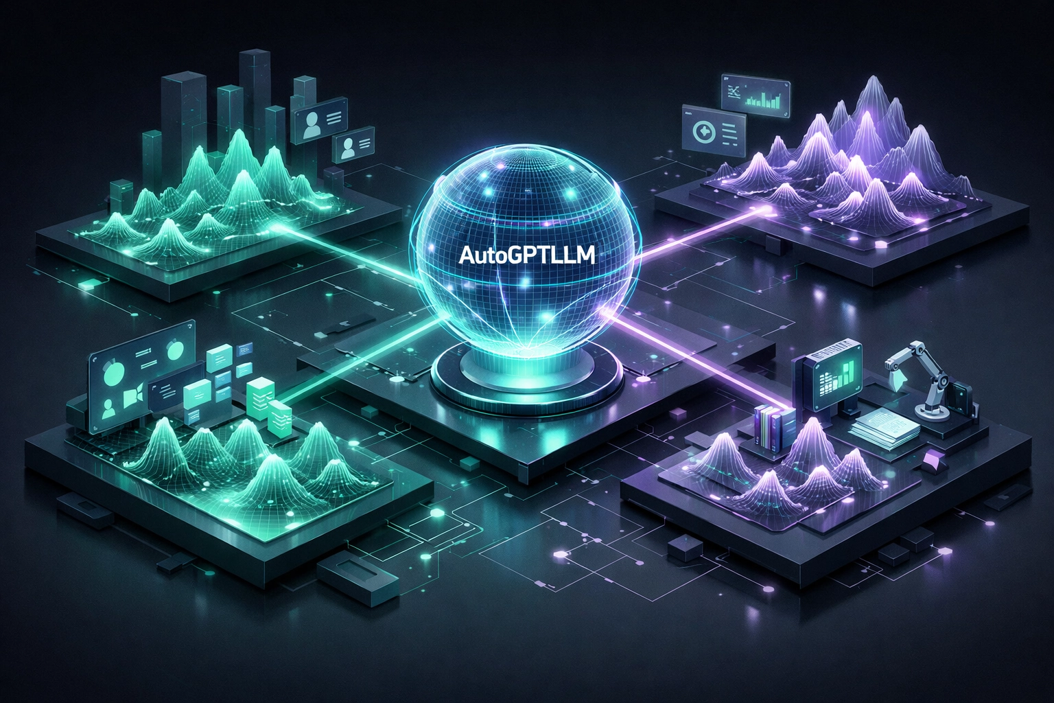Futuristic digital landscape mapping share of model and AI search analytics for content performance tracking.