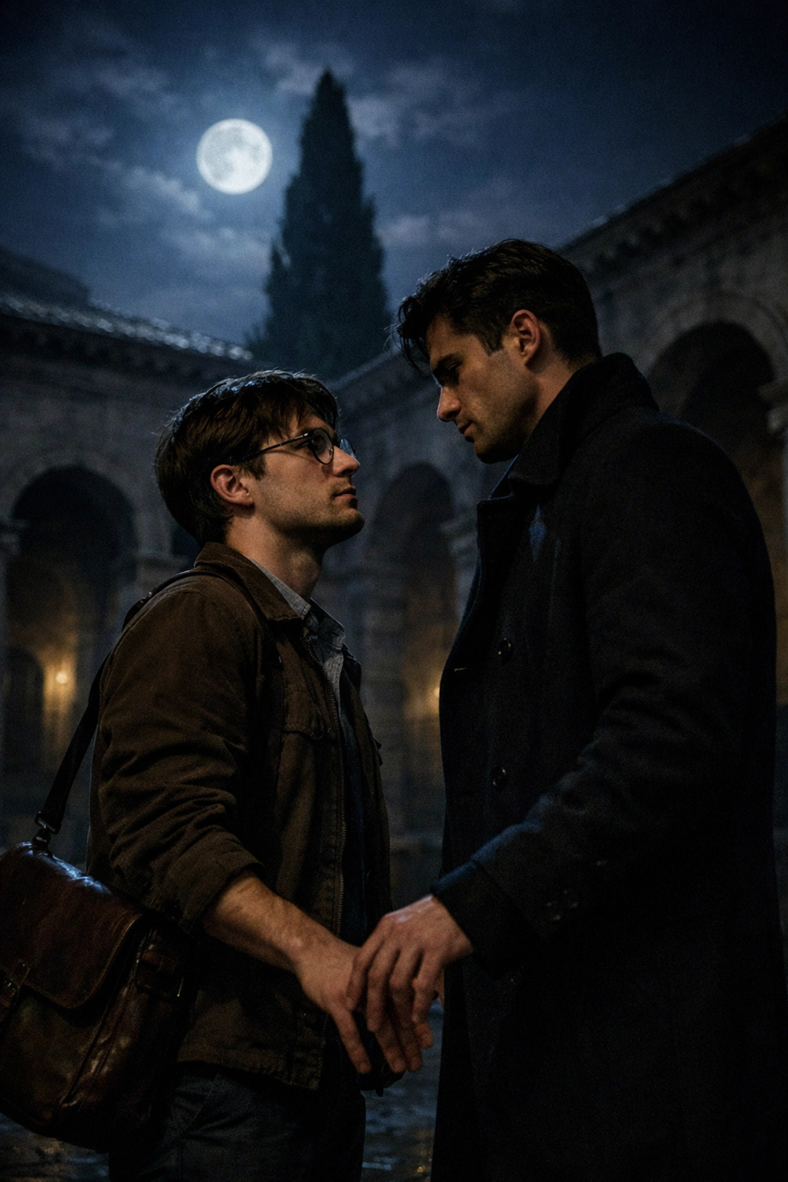 Two men share a tense, romantic moment in a moonlit Vatican courtyard, inspired by gay spy romance novels.
