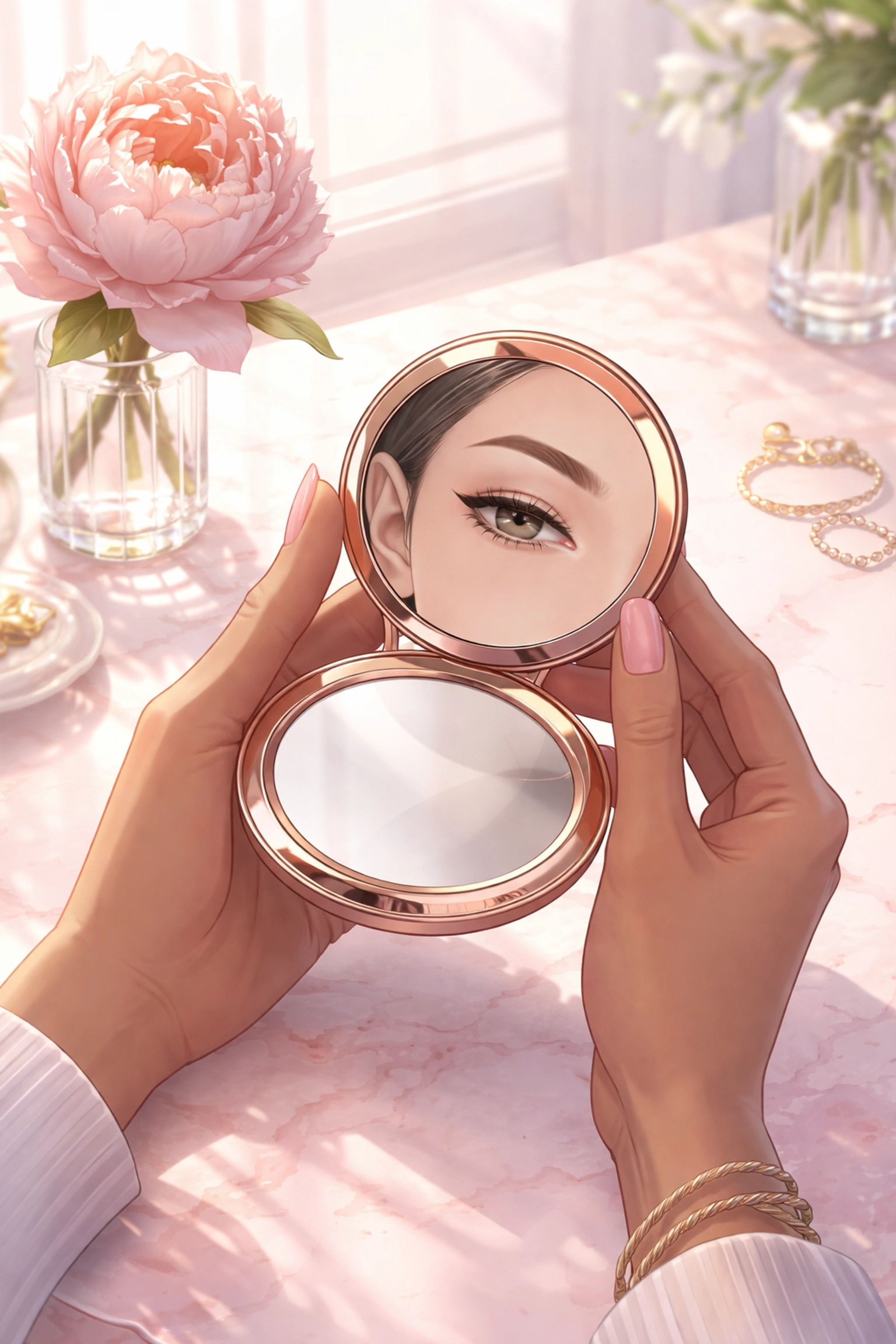 Hands hold a rose gold mirror reflecting perfect nano brows, illustrating luxury aftercare for lasting brows in a feminine setting.