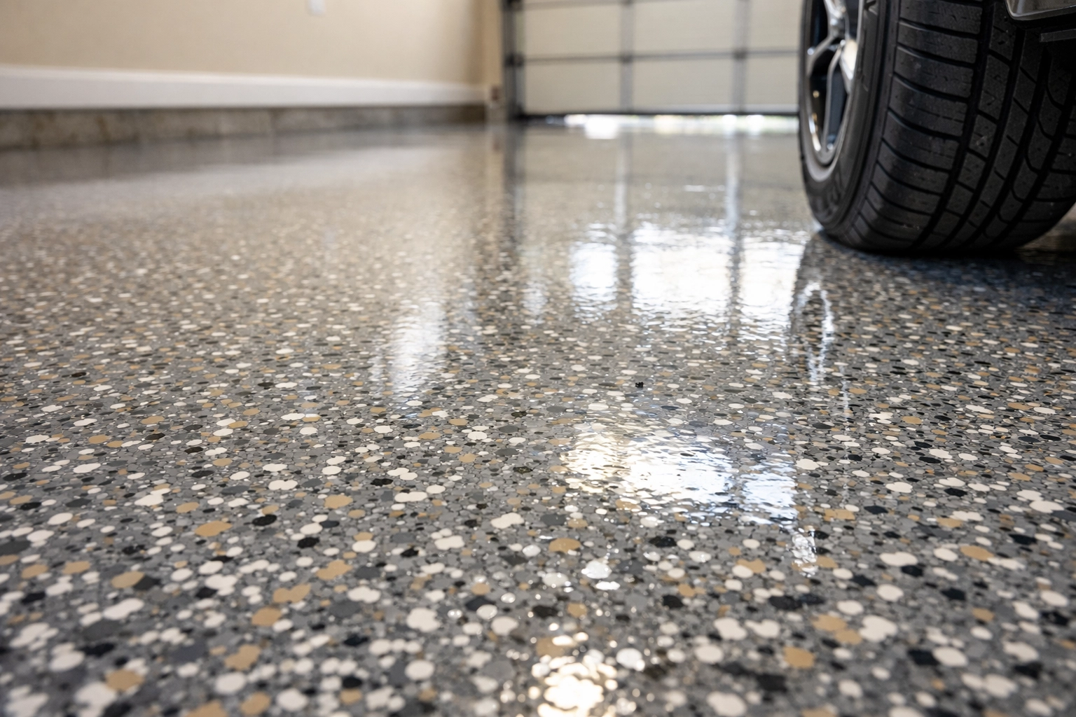 Polyaspartic garage floor coating with decorative flakes curing in Ridgeland Mississippi home