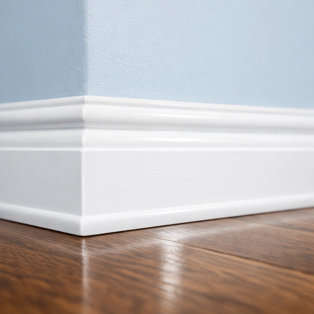 Close-up of perfectly cleaned white baseboards and polished floors in a Boston home.