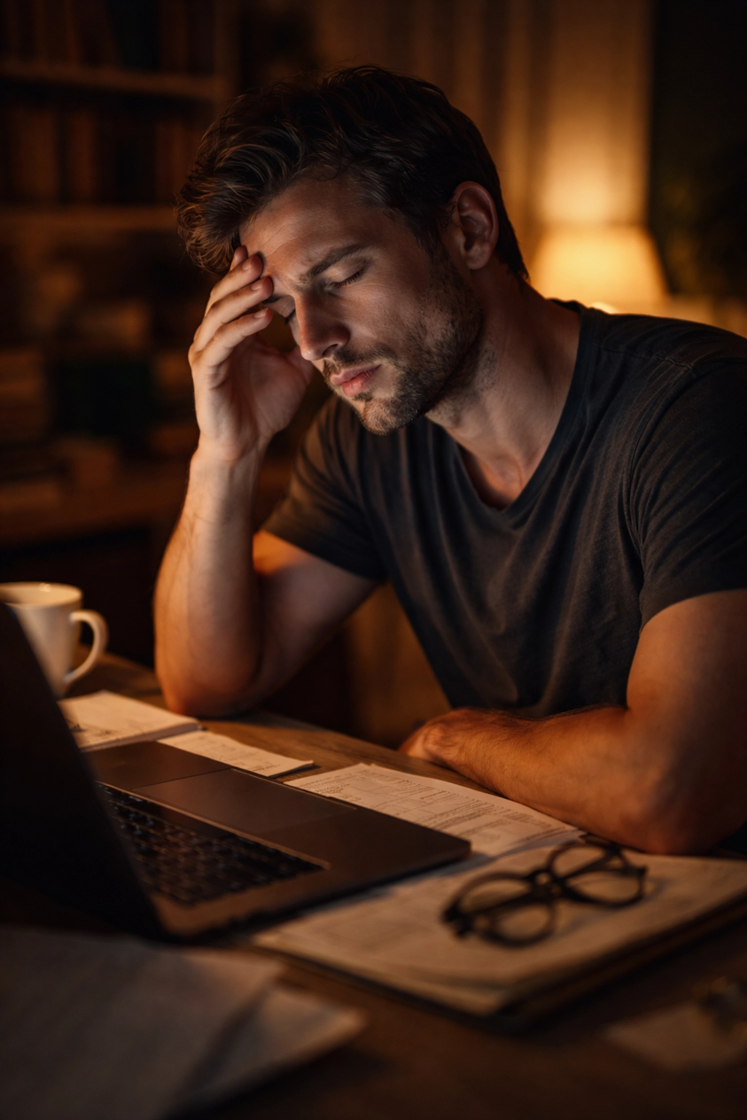 Stresszes, fáradt férfi éjszaka dolgozik a laptopja mellett, a merevedési zavar pszichés okai miatt aggódik.