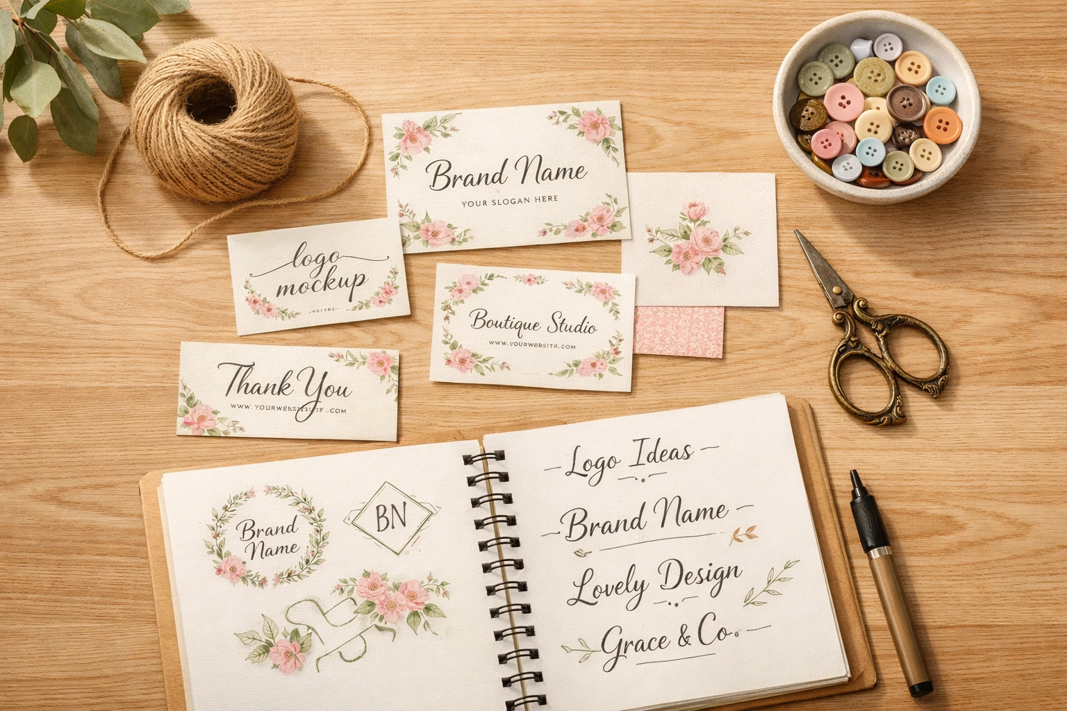 Creative branding workspace with vintage cards and craft supplies, perfect for starting a handmade Etsy business.