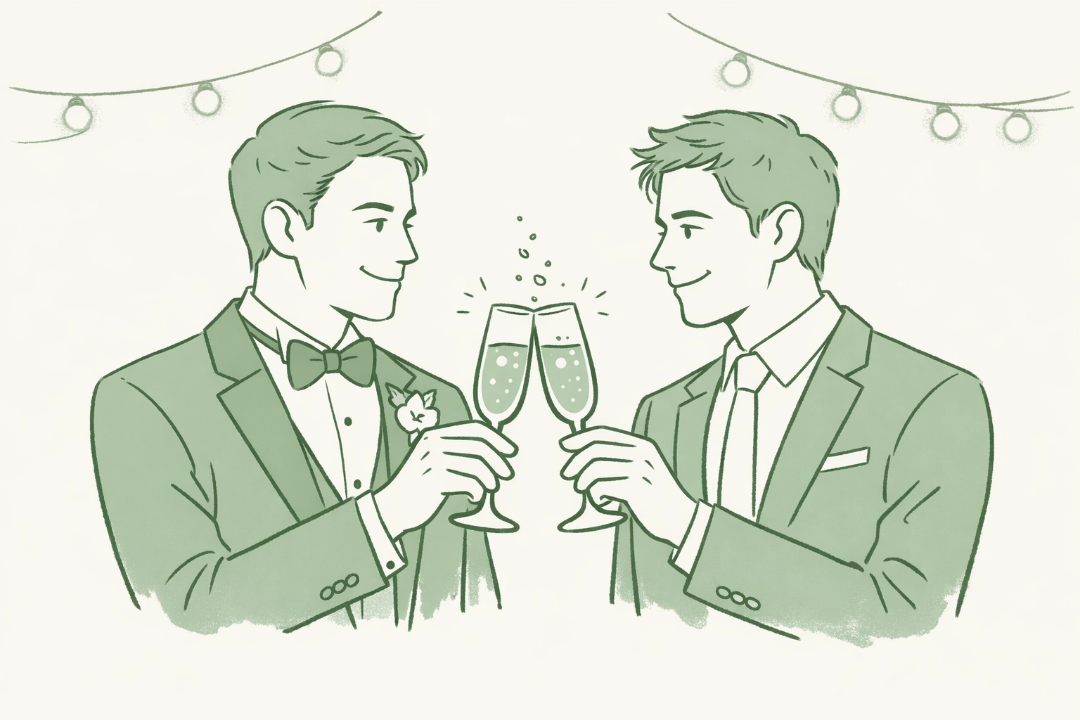 Gay couple toasting with champagne flutes at their wedding celebration