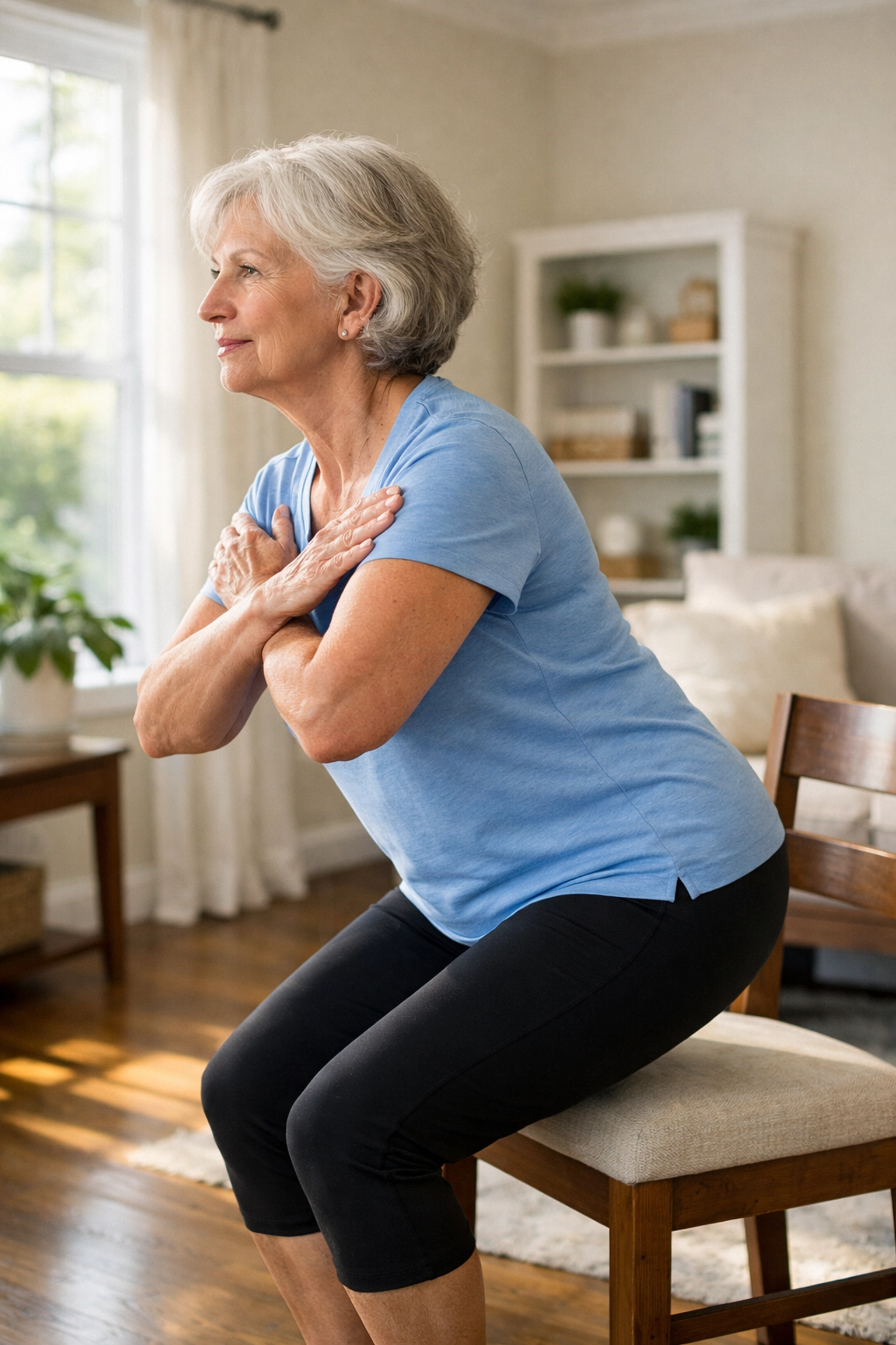 Senior woman performing chair stand test for balance and leg strength assessment