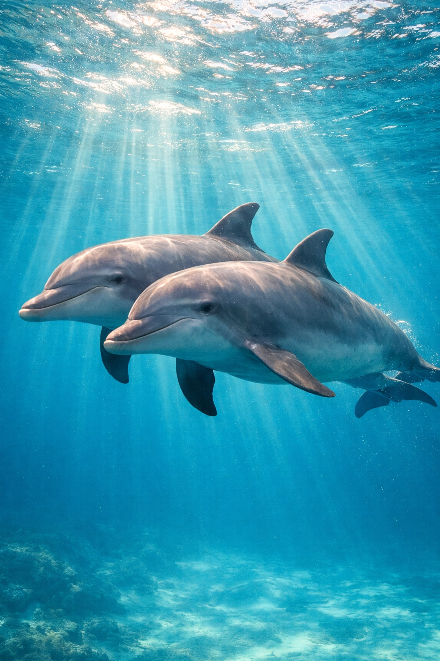 Two male dolphins swimming in sync, reflecting the protective bond often found in MM romance books.