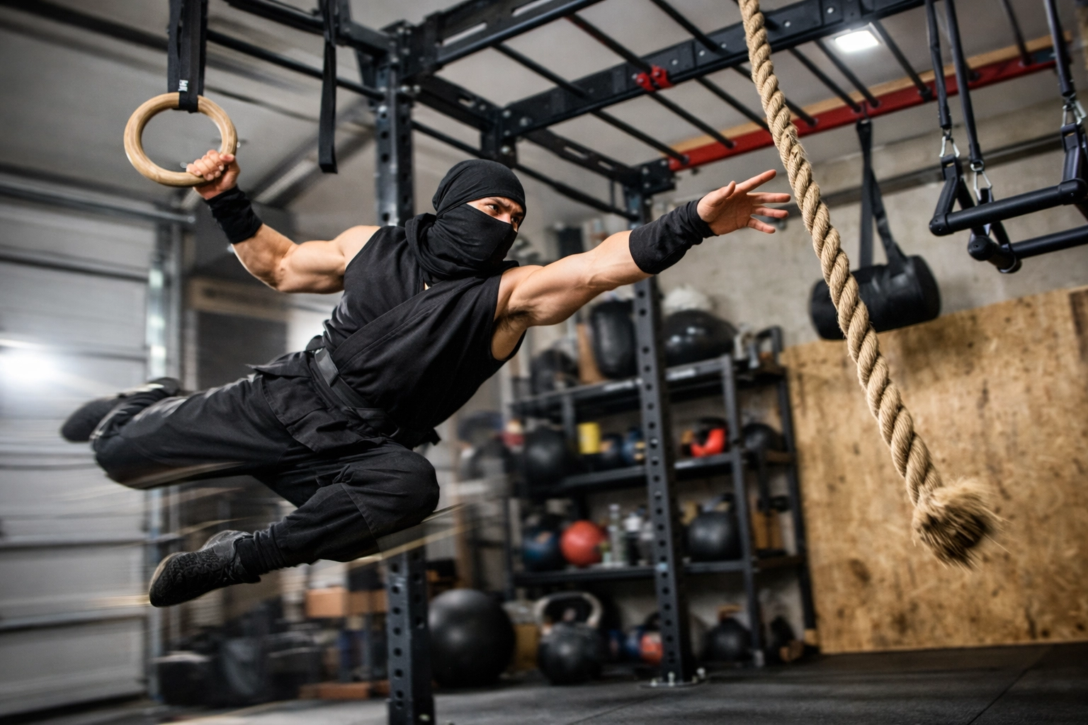 Ninja warrior training on versatile home gym with rings and rope climb attachments