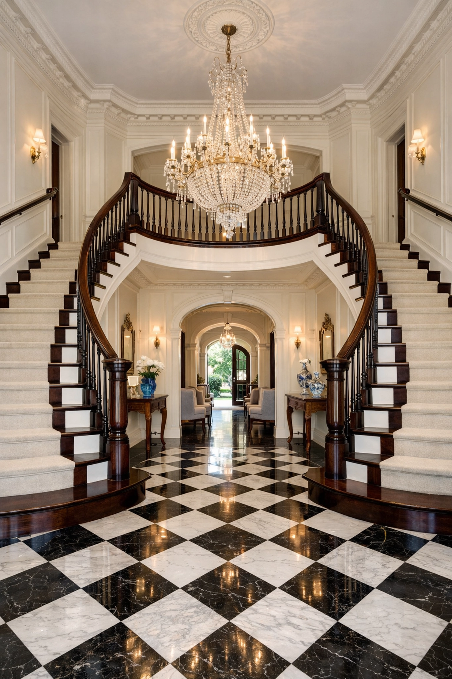 Luxury house cleaning results in a historic Weston foyer with polished marble floors and a grand staircase.