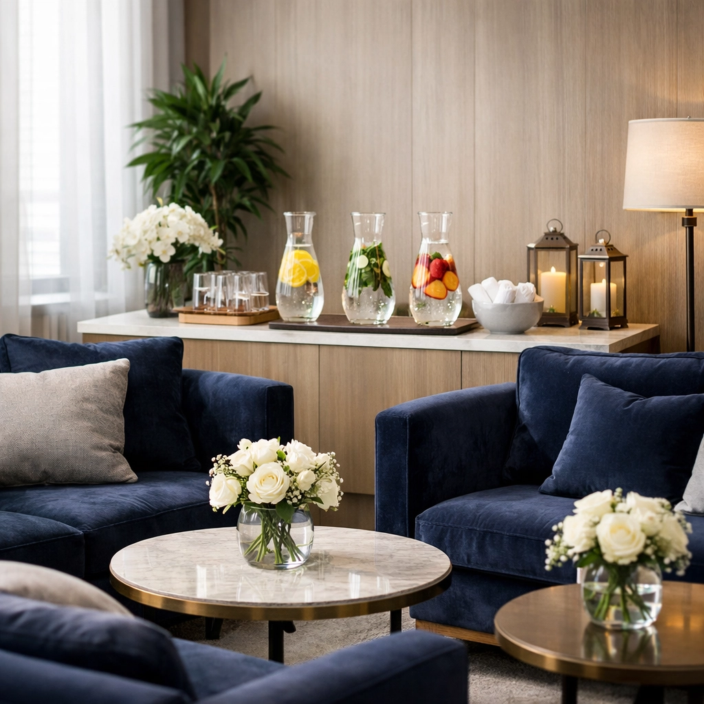 A quiet luxury corporate wellness lounge for high-level executives at the Super Bowl.