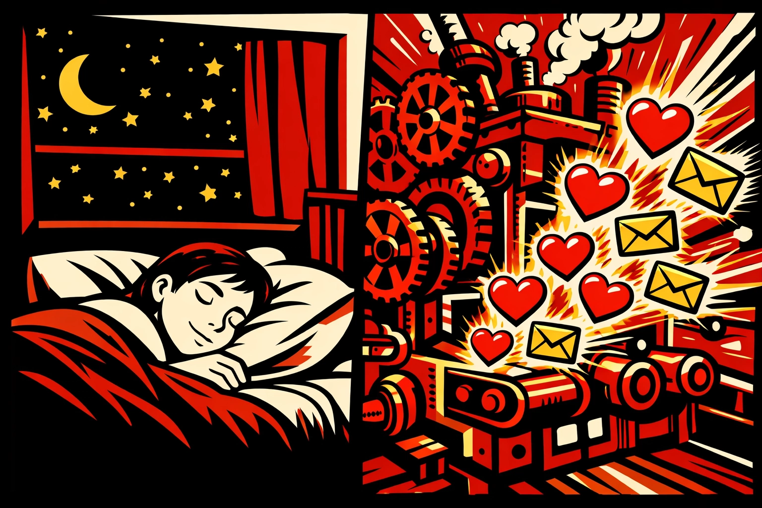 Futuristic machine automating social media posts and emails while a business owner rests.