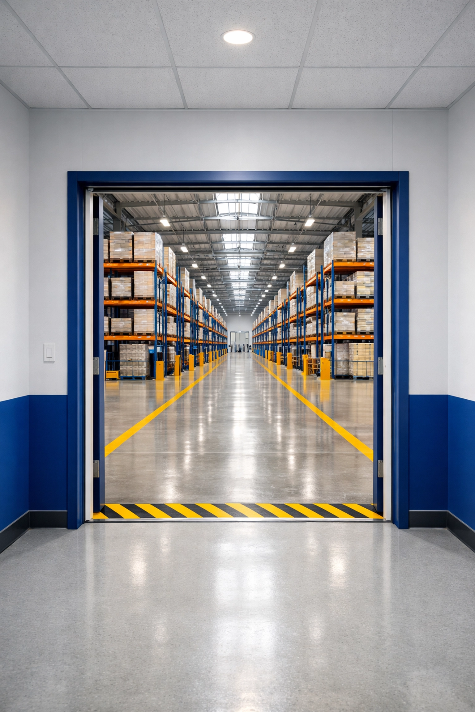 Efficiently maintained industrial facility showing a clean office hallway and organized warehouse storage.
