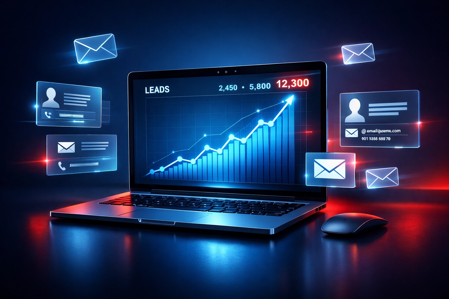 Digital lead generation dashboard showing rising analytics and email capture for small business growth