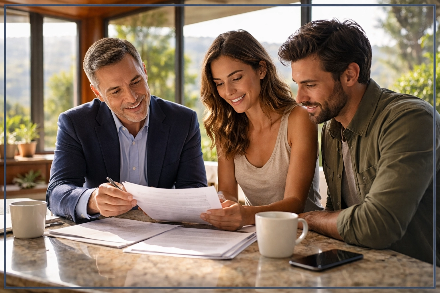 A real estate agent specializing in inherited property reviews trust sale documents with clients in a modern Los Angeles home. A real estate agent specializing in inherited property reviews trust sale documents with clients in a modern Los Angeles home.