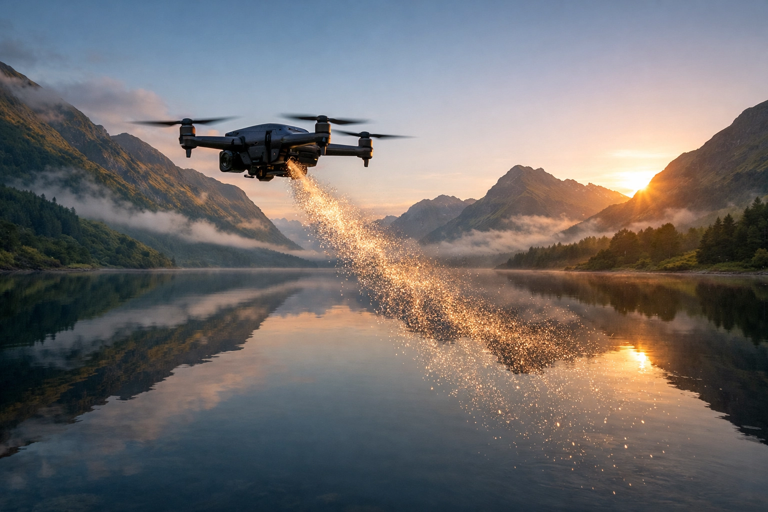 Dignified drone ash scattering ceremony over a peaceful Scottish loch with Highland mountains.
