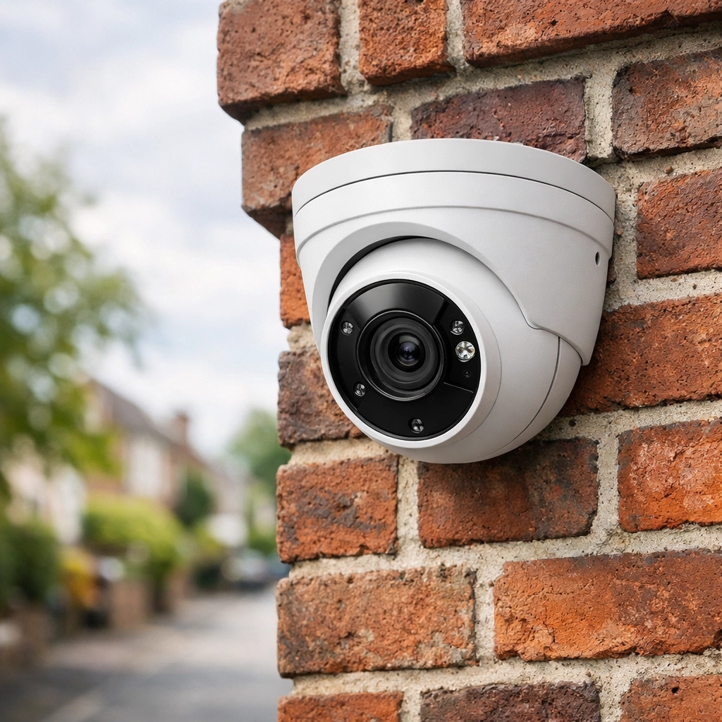 A professionally installed white NVR IP security camera on a residential brick wall in Yate.
