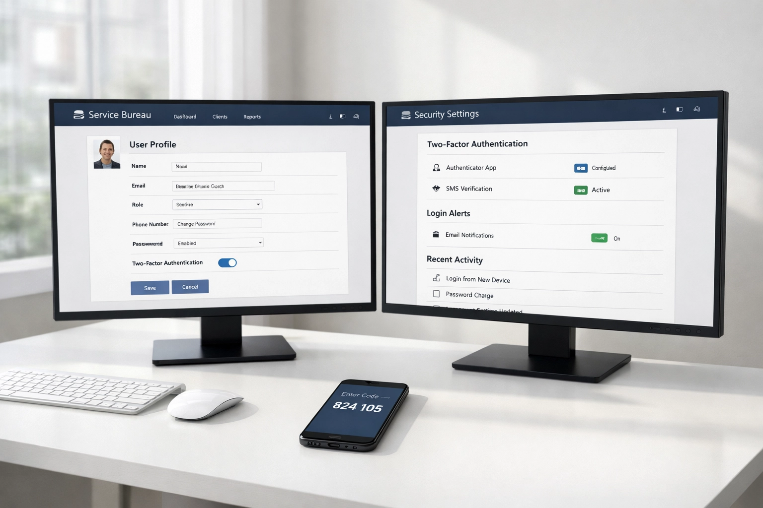 Service bureau platform setup with two-factor authentication security configuration