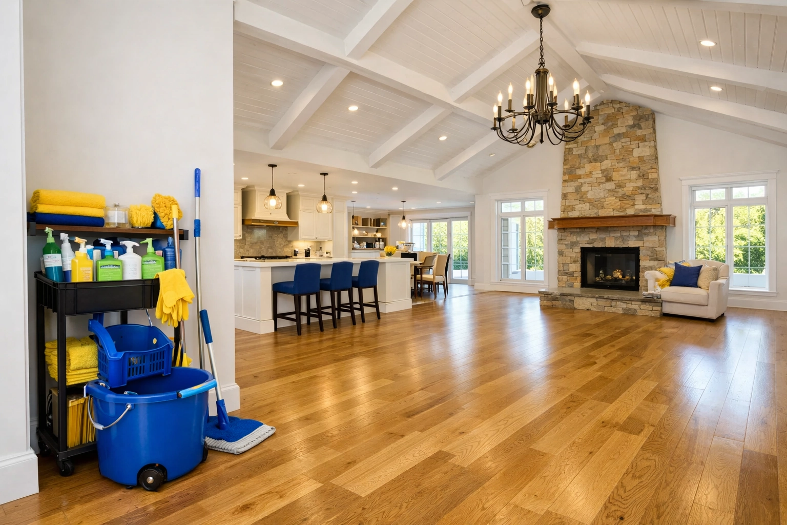 Professional cleaning tools in a bright, renovated Massachusetts home after a thorough post construction cleanup.