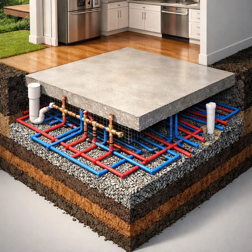 Detailed view of underground plumbing pipes and water lines beneath a concrete slab foundation.