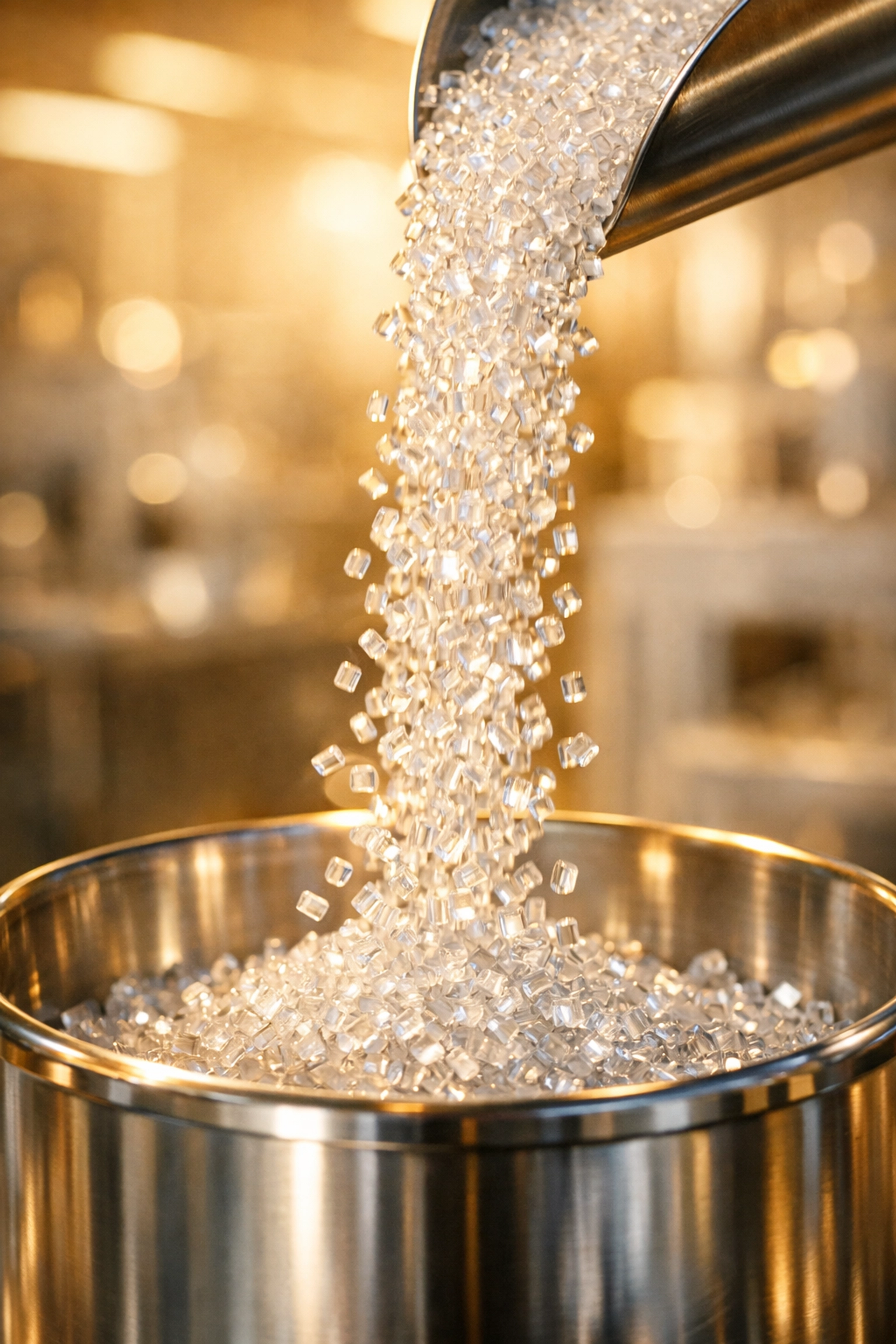 Recycled plastic resin beads pouring into a container, representing the circular energy economy.