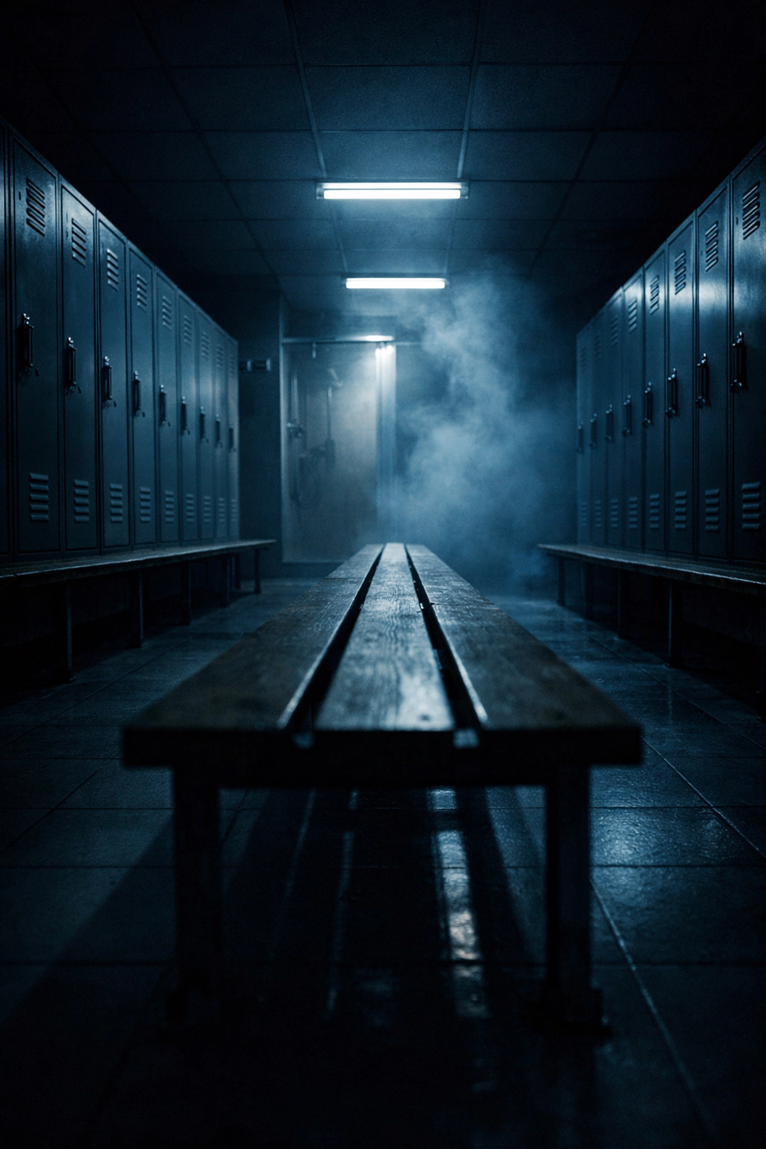 Empty gym locker room at midnight with metal lockers and steamy showers representing solitude in gay gym culture