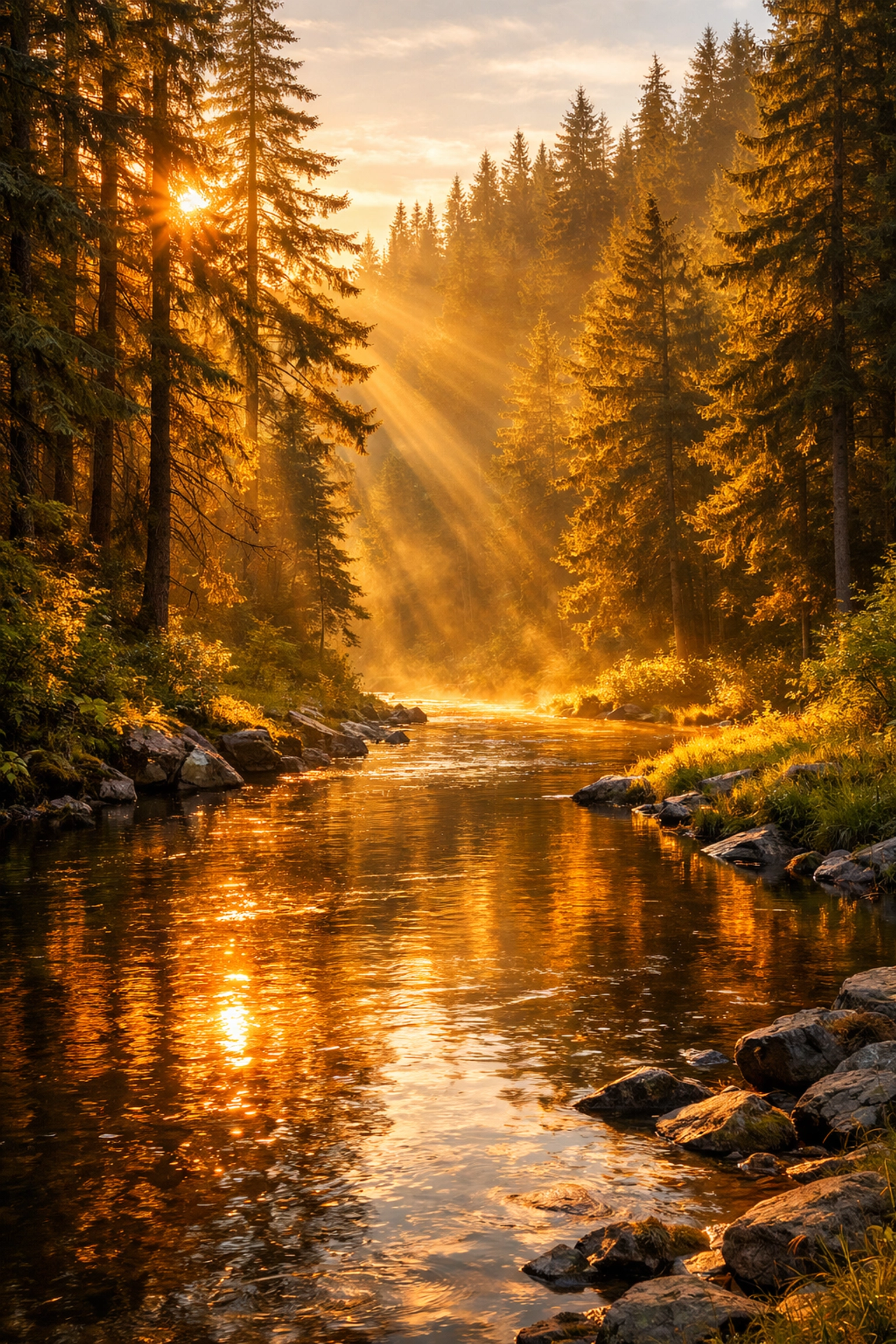 Sunlit forest river at golden hour, illustrating landscape photography lighting techniques.