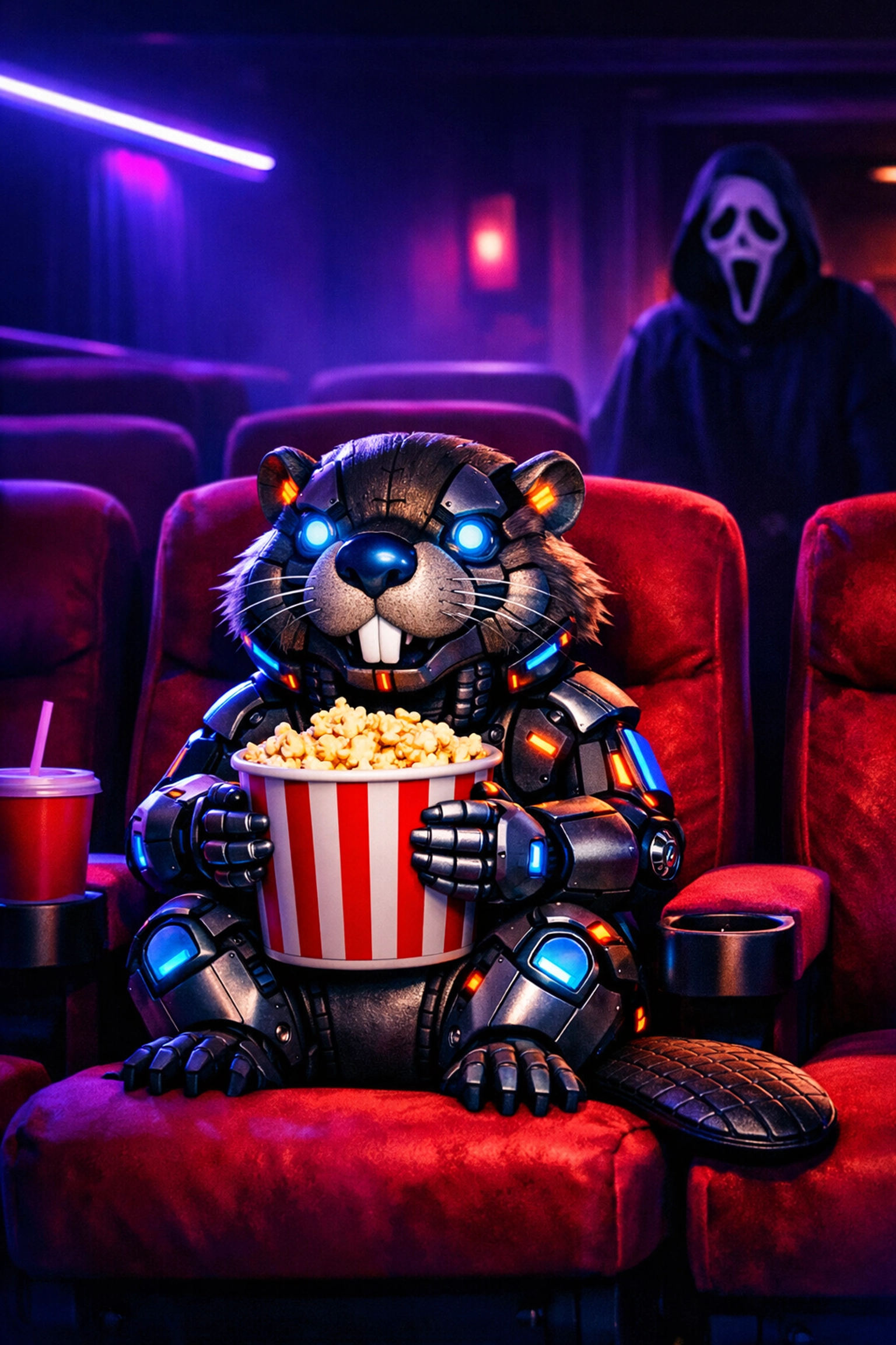 A robotic beaver and a Ghostface silhouette in a movie theater representing Pixar's Hoppers and Scream 7.