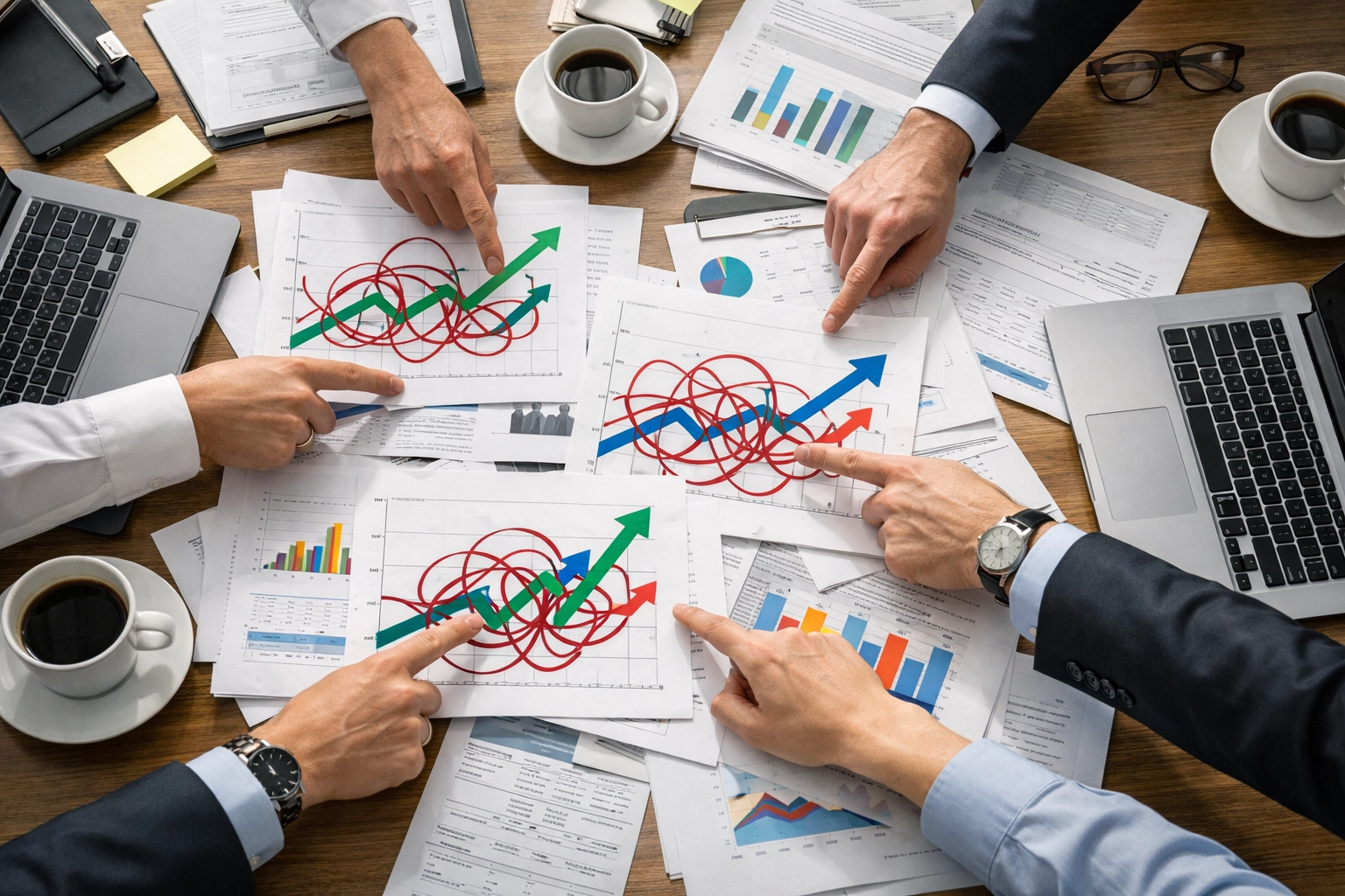Executive team meeting with growth charts showing organizational complexity in scaling companies