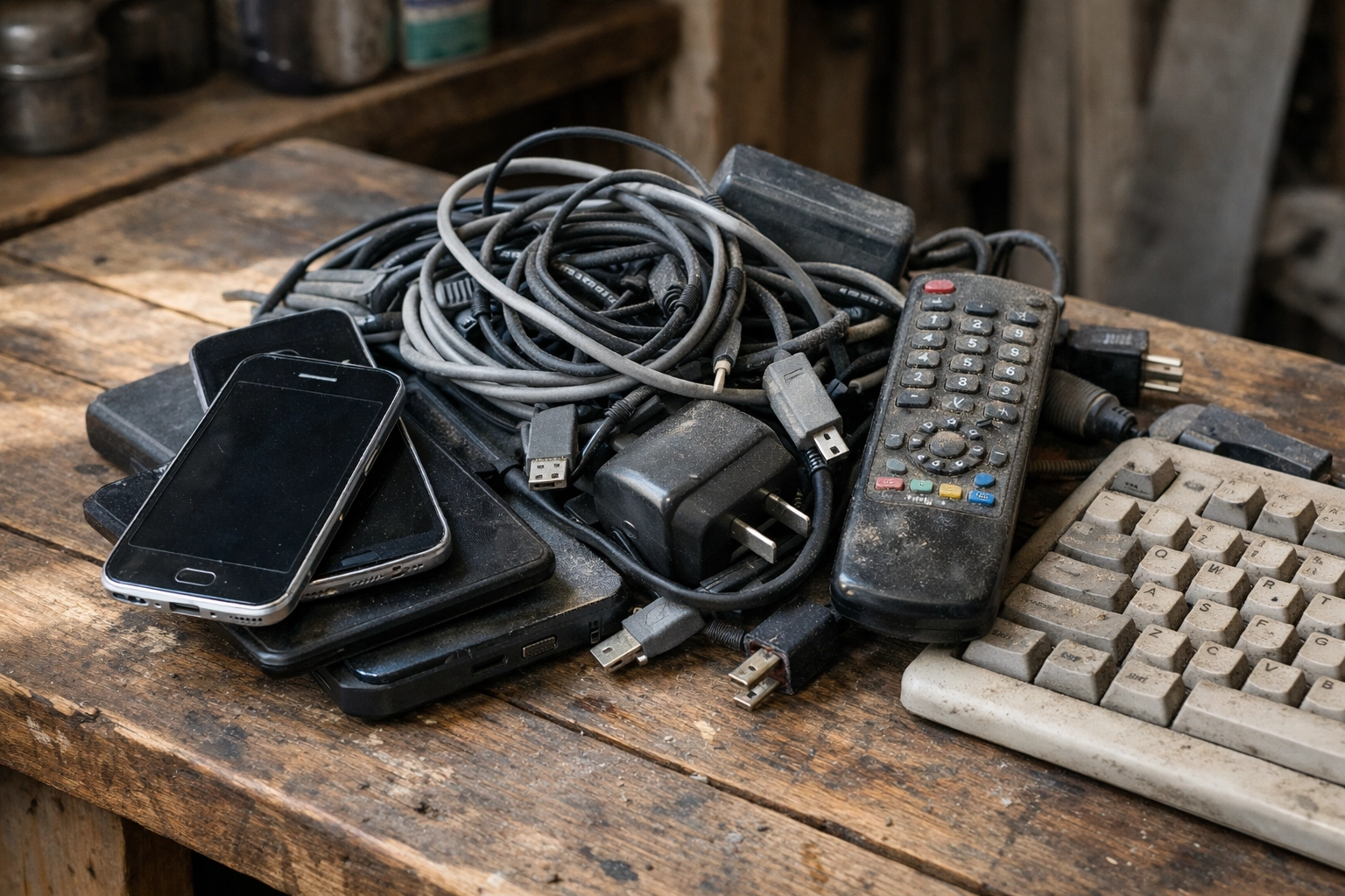 Old smartphones, computer cables, and electronics on a workbench ready for WEEE recycling.