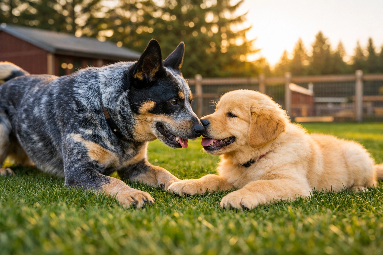 Blue Heeler and Golden Retriever puppy playing at Green Acres K-9 Resort in Boring, Oregon.
